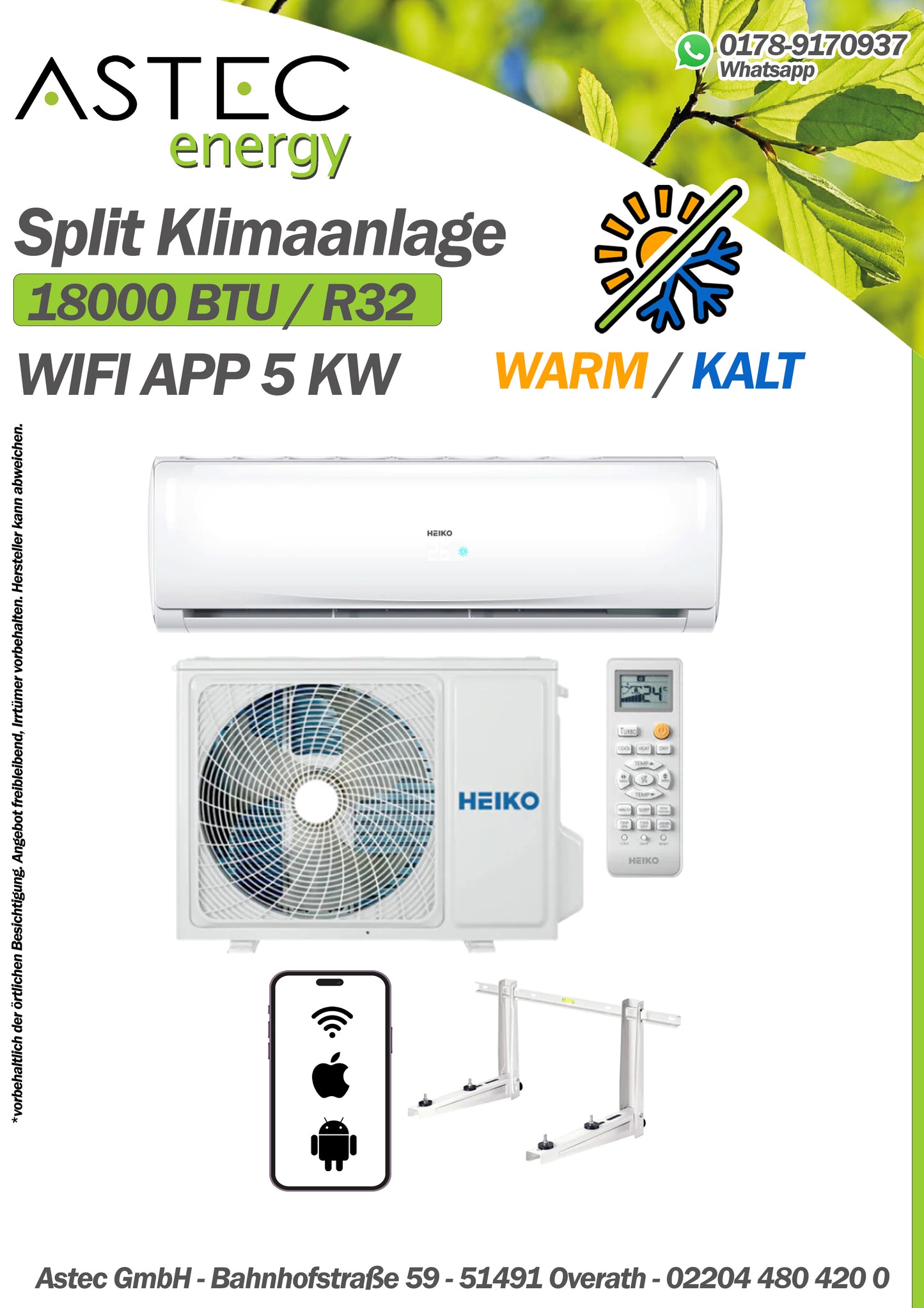 HEIKO Split Klimaanlage 18000 BTU Klimagerät Klima 5 kW R32