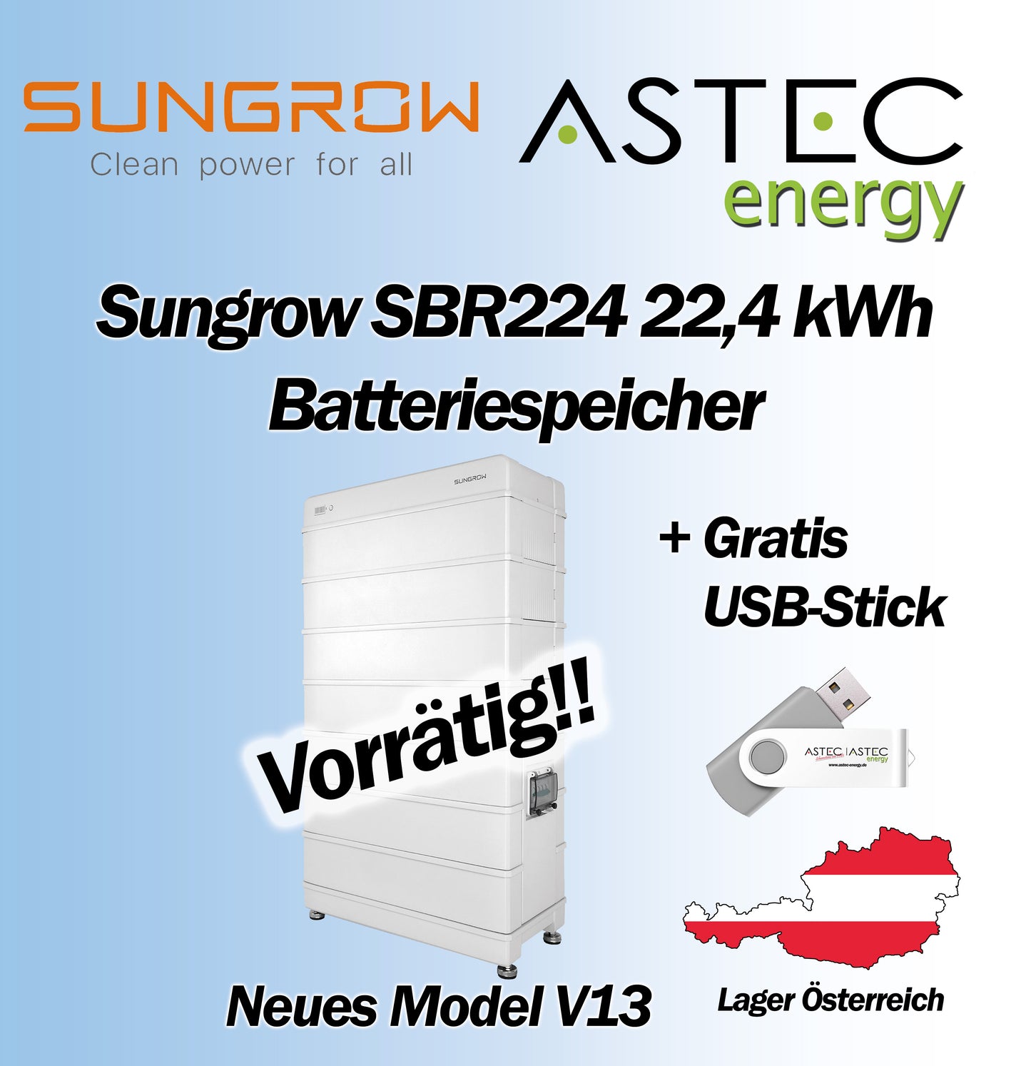 Sungrow SBR224 22,4 Batteriespeicher Paket Stromspeicher Model V13 GRATIS USB