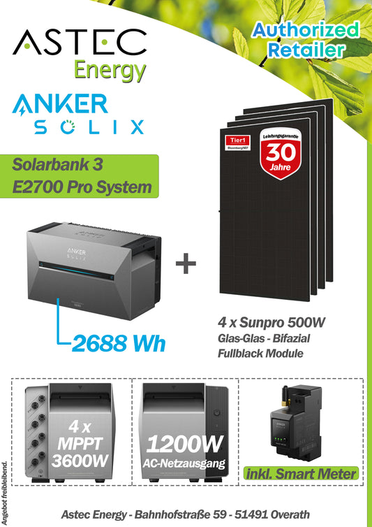 Balkonkraftwerk 2000Wp 4x Tier1 Module + Anker Solix 2,7kW Speicher + Anker Smart Meter