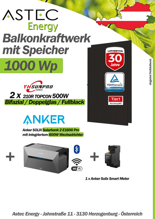 Balkonkraftwerk 1000Wp 2x Tier1 Module Anker Pro Speicher + Smart Meter