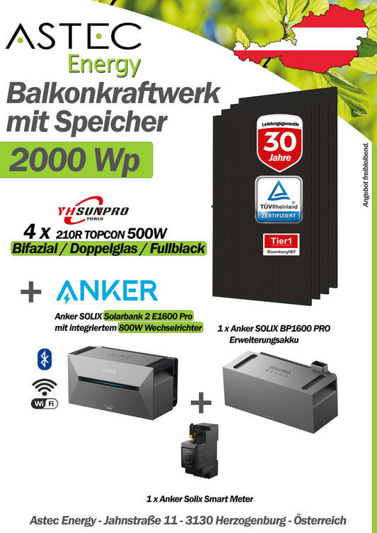 Balkonkraftwerk 2000Wp 4x Tier1 Module +Anker Solix Speicher + Erweiterung + Smart Meter