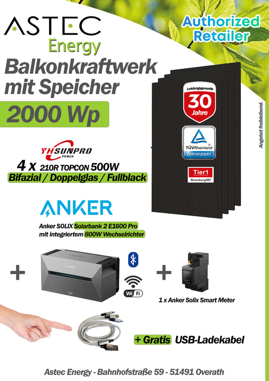 Balkonkraftwerk 2000Wp 4x Tier1 Module + Anker Solix Speicher + Anker Smart Meter