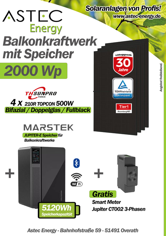 2000Wp Balkonkraftwerk 4x Sunpro 500W + 5,12 kWh Speicher Marstek Jupiter E + Smart Meter