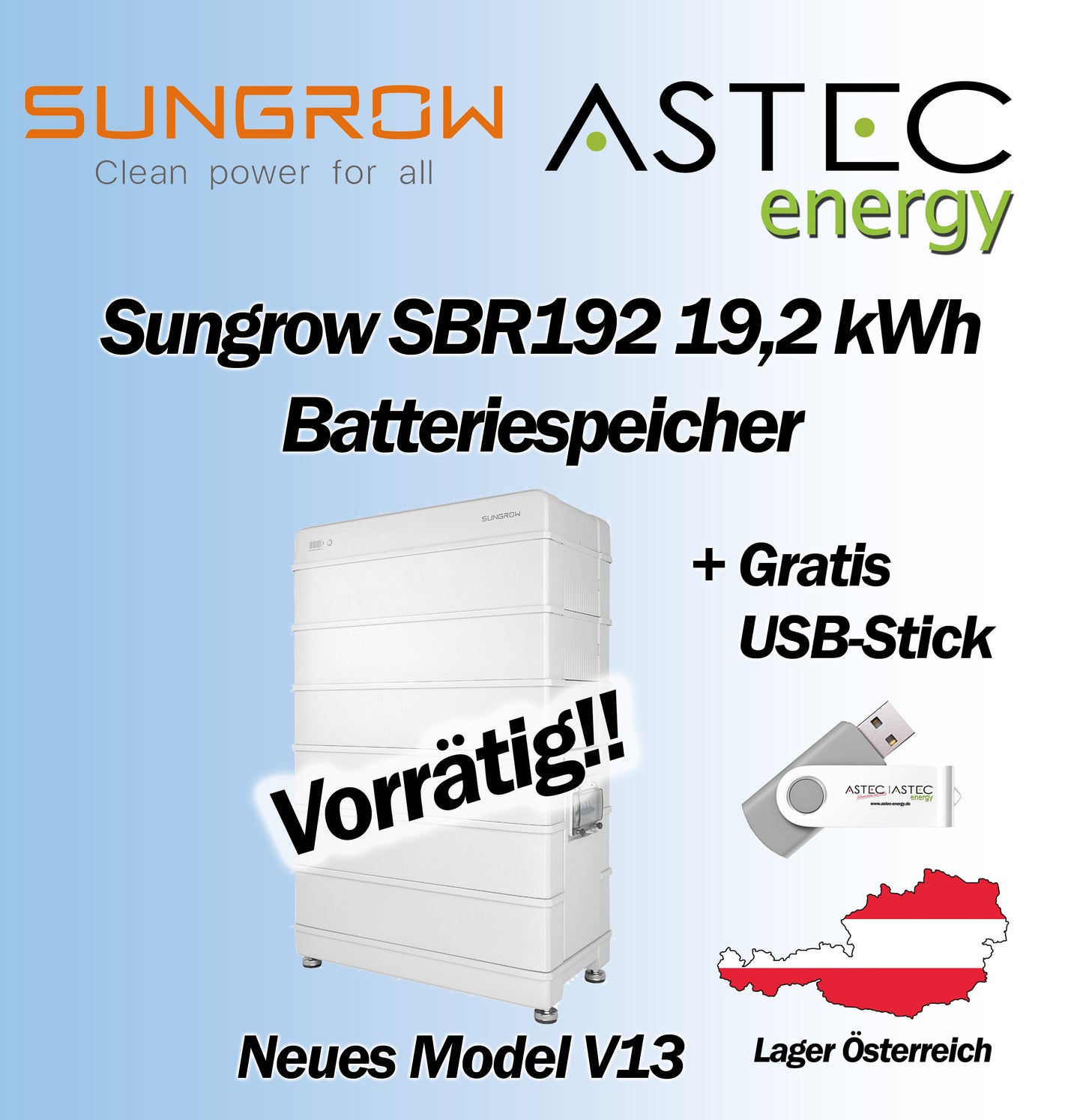 Sungrow SBR192 19,2KW Batteriespeicher Paket Stromspeicher Model V13 GRATIS USB
